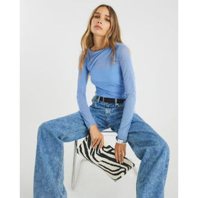 Blue Long Sleeve Boat Neck Ruched Mesh Top