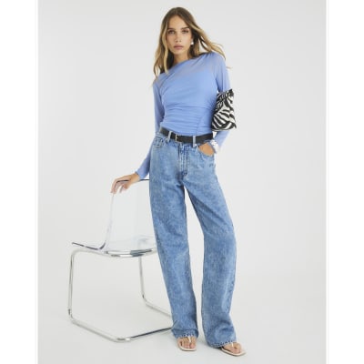Blue Long Sleeve Boat Neck Ruched Mesh Top