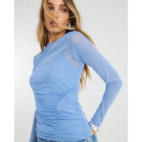 Blue Long Sleeve Boat Neck Ruched Mesh Top