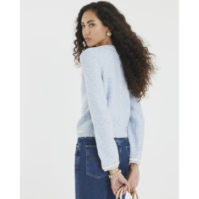 Blue Long Sleeve Boucle Cardigan