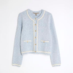 Blue Long Sleeve Boucle Cardigan