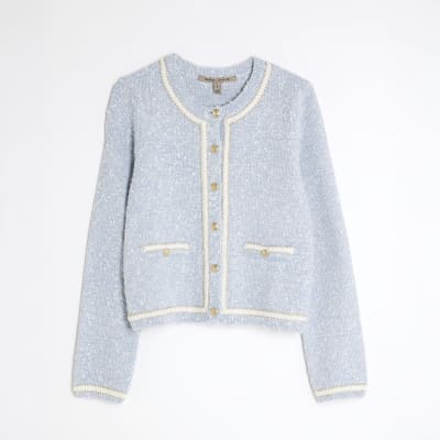 Blue Long Sleeve Boucle Cardigan