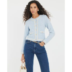 Blue Long Sleeve Boucle Cardigan