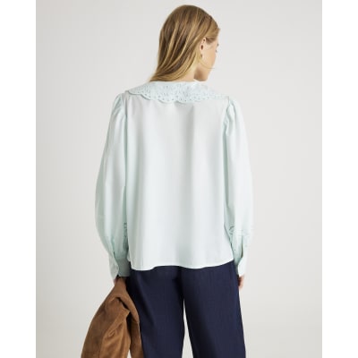 Blue Long Sleeve Collared Blouse