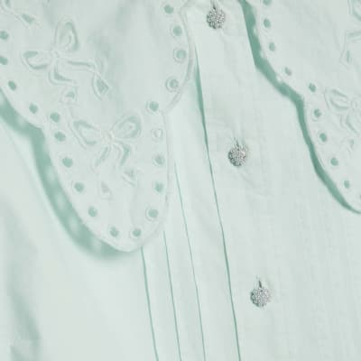 Blue Long Sleeve Collared Blouse