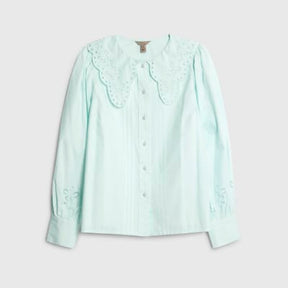 Blue Long Sleeve Collared Blouse