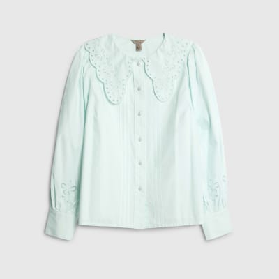 Blue Long Sleeve Collared Blouse