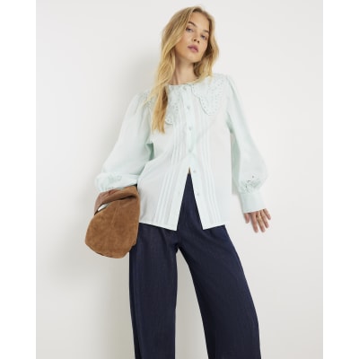 Blue Long Sleeve Collared Blouse