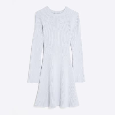 Blue Long Sleeve Knitted Mini Dress