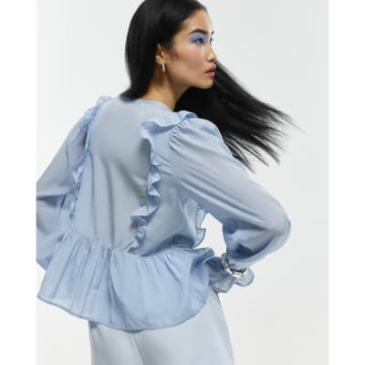 Blue Long Sleeve Lace Insert Blouse