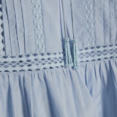 Blue Long Sleeve Lace Insert Blouse