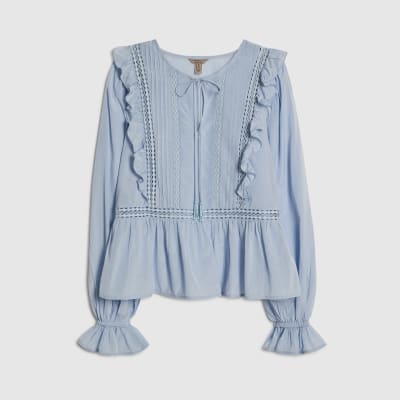 Blue Long Sleeve Lace Insert Blouse