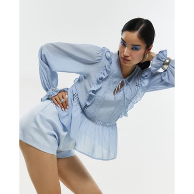 Blue Long Sleeve Lace Insert Blouse