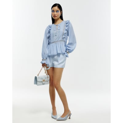 Blue Long Sleeve Lace Insert Blouse