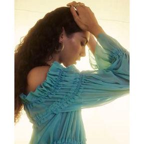 Blue Long Sleeve Raw Edge Bardot Top