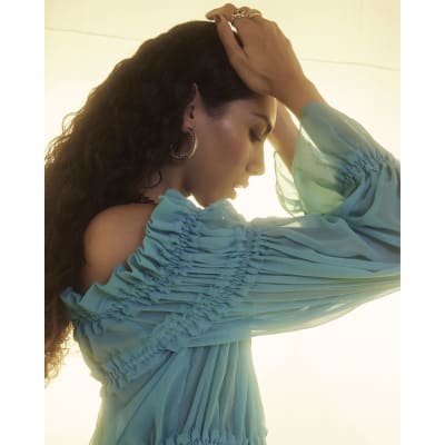 Blue Long Sleeve Raw Edge Bardot Top