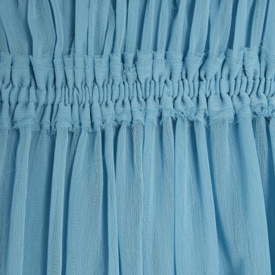 Blue Long Sleeve Raw Edge Bardot Top