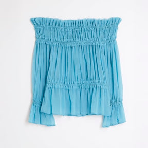 Blue Long Sleeve Raw Edge Bardot Top