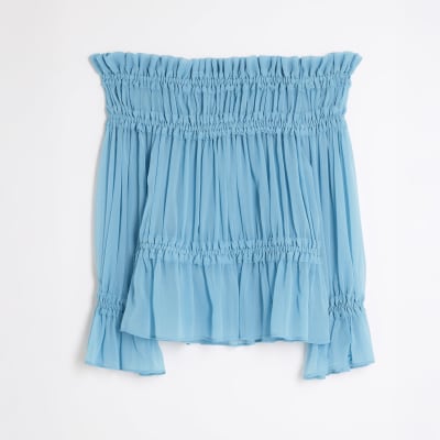 Blue Long Sleeve Raw Edge Bardot Top