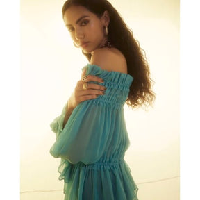 Blue Long Sleeve Raw Edge Bardot Top