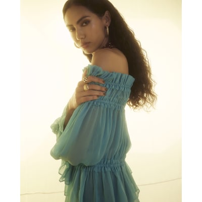 Blue Long Sleeve Raw Edge Bardot Top