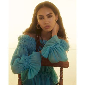 Blue Long Sleeve Raw Edge Bardot Top