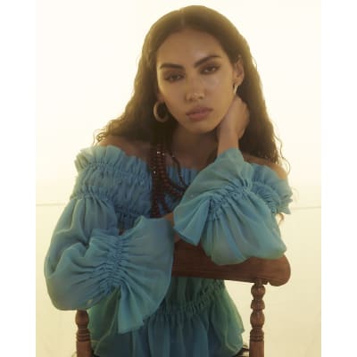Blue Long Sleeve Raw Edge Bardot Top