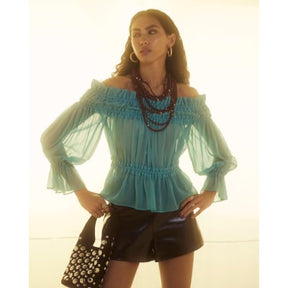Blue Long Sleeve Raw Edge Bardot Top