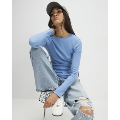 Blue Long Sleeve Ribbed Crew Neck Top