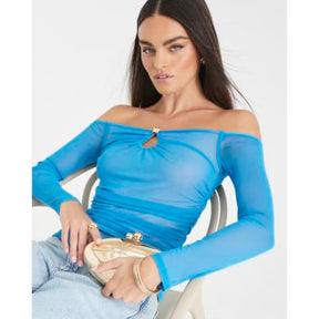 Blue Long Sleeve Ruched Mesh Bardot Top