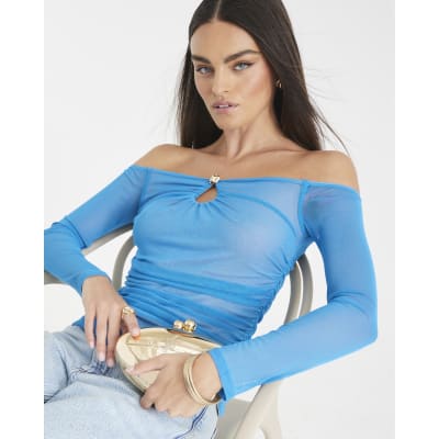 Blue Long Sleeve Ruched Mesh Bardot Top