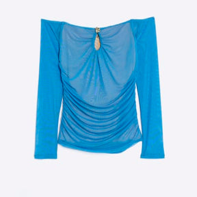 Blue Long Sleeve Ruched Mesh Bardot Top