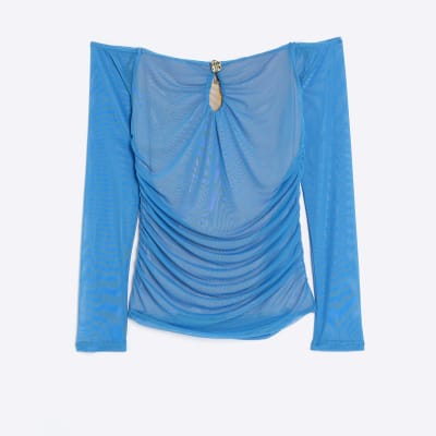 Blue Long Sleeve Ruched Mesh Bardot Top