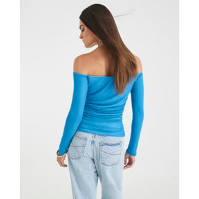 Blue Long Sleeve Ruched Mesh Bardot Top