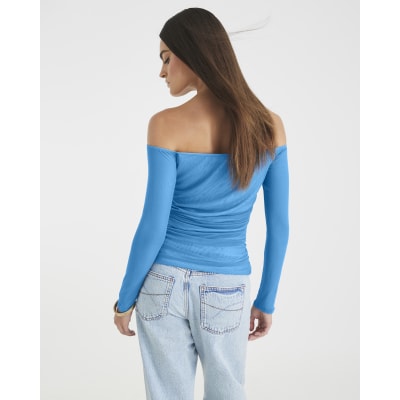 Blue Long Sleeve Ruched Mesh Bardot Top