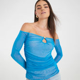 Blue Long Sleeve Ruched Mesh Bardot Top