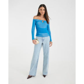 Blue Long Sleeve Ruched Mesh Bardot Top