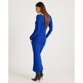 Blue Long Sleeve Twist Front Midi Dress
