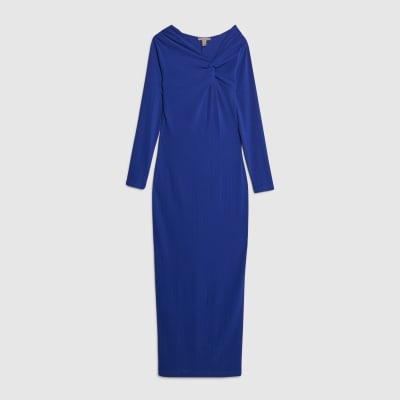 Blue Long Sleeve Twist Front Midi Dress