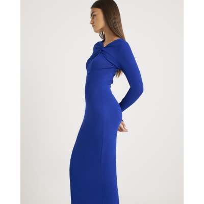 Blue Long Sleeve Twist Front Midi Dress