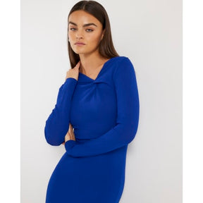 Blue Long Sleeve Twist Front Midi Dress
