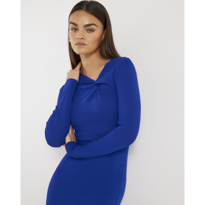 Blue Long Sleeve Twist Front Midi Dress