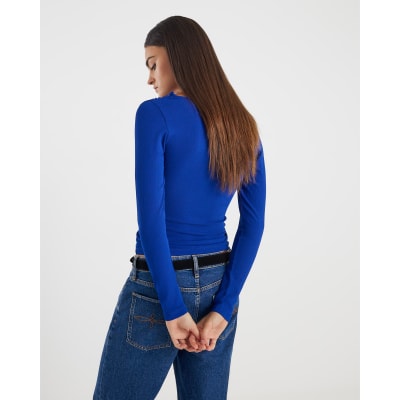 Blue Long Sleeve Twist Front Top