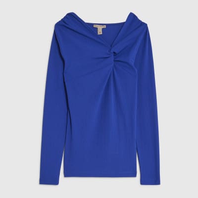 Blue Long Sleeve Twist Front Top