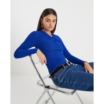 Blue Long Sleeve Twist Front Top