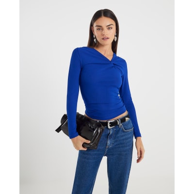 Blue Long Sleeve Twist Front Top
