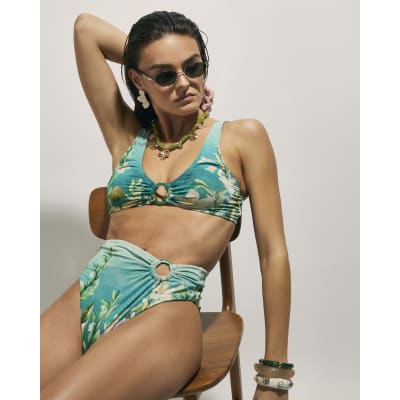 Blue Lotus Floral High Waisted Bikini Bottoms