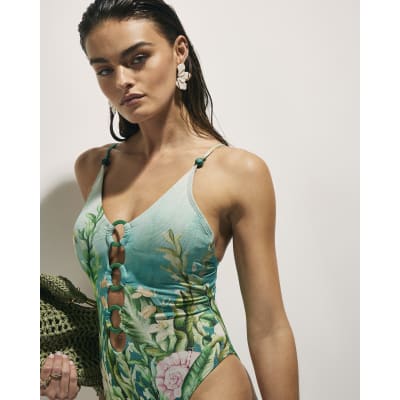 Blue Lotus Floral Print Ring Swimsuit