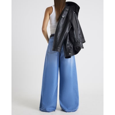 Blue Low Rise Belted Baggy Jeans