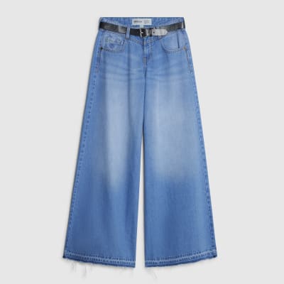 Blue Low Rise Belted Baggy Jeans